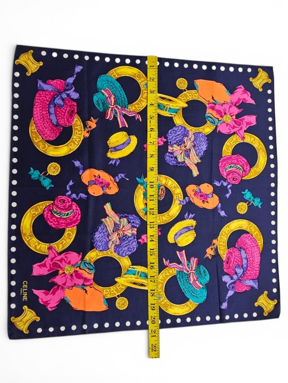 Celine Paris Cotton Scarf with Navy, Magenta & Gold Hats And Rings Print - Picture 7 of 7